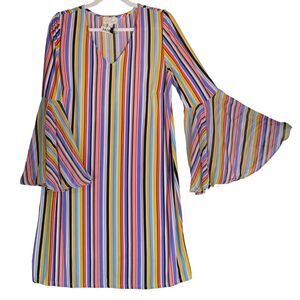 Ivy Road Mini Dress Womens Large Rainbow Vertical Stripe Bell Flare Sleeve Boho